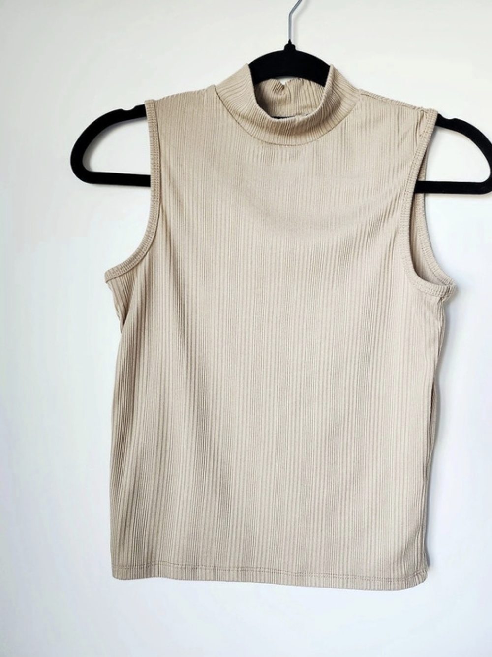 Beige Ribbed Mock Neck Tank Top - Picture 2 of 5